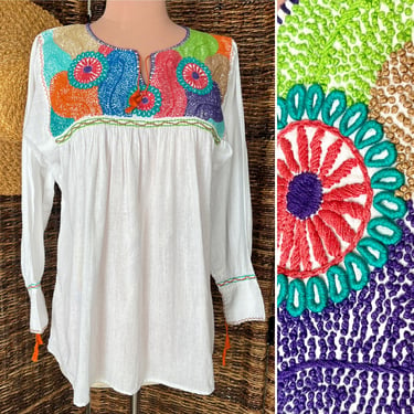 Mexican Embroidered Top, Spiral Design, Vivid Colors, Long Sleeves, Tunic, Hippie Boho Blouse 