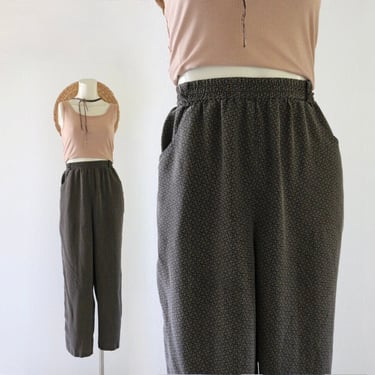 silk micro floral trousers 28-35 - vintage 90s y2k minimal black brown womens size medium spring summer pants pockets high waist 