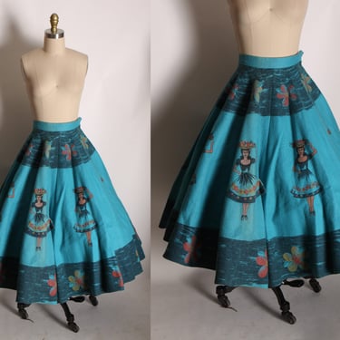 1970s Does 1950s Turquoise Blue Felt Mexican Skirt Peekaboo Dancing Women Novelty Skirt by Sweet Inspiration  -XS 
