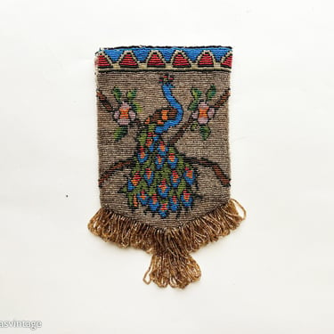 1900s Beautiful Peacock Beaded Bag | 1900s Peacock Beaded Bag | Vintage Glass Bead Handbag 