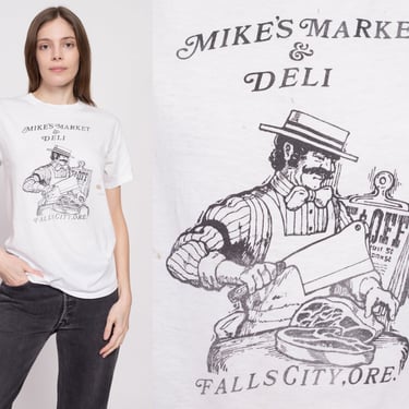 80s Mike's Market & Deli Butcher T Shirt - Unisex Medium | Vintage Distressed Falls City Oregon White Graphic Tee 