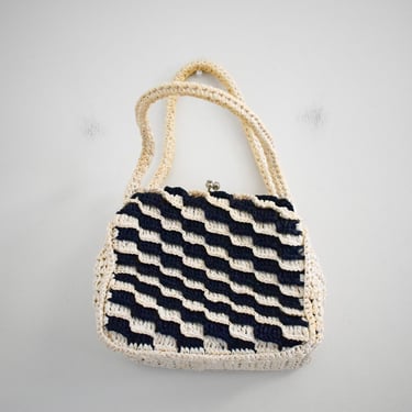 1960s Navy and Cream Raffia Handbag 