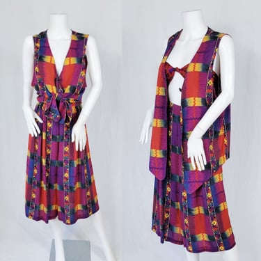 South Western 1990's Colorful Ikat Rayon 2 Pc Culotte Pants Vest Shirt Set I Sz Med - Lrg I Sequel -Sharon Anthony 