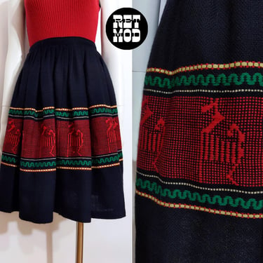 Cute Vintage 70s Black Red Green Critter Patterned Mid-Length High-Waisted Wool Skirt 