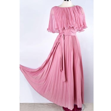 70's Pink Chiffon Pleated Maxi Dress, Long Vintage 1970's Evening Party Dress Polyester Sheer Shawl Curly Hem Disco 