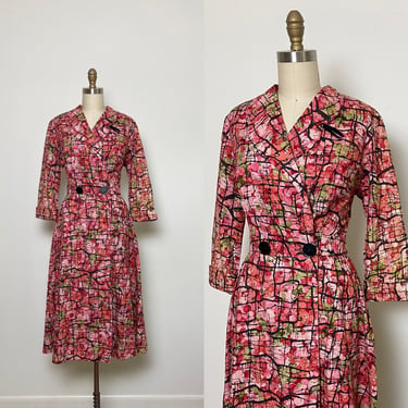 Vintage 1950s Dress 50s Cotton Print Wrap Housedress Hostess Dress 