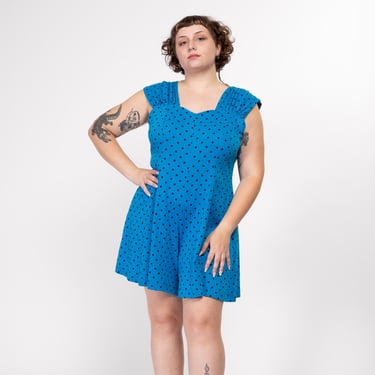 XL 80s Blue & Black Polka Dot Romper | Vintage Cap Sleeve Retro Wide Leg One Piece Outfit 