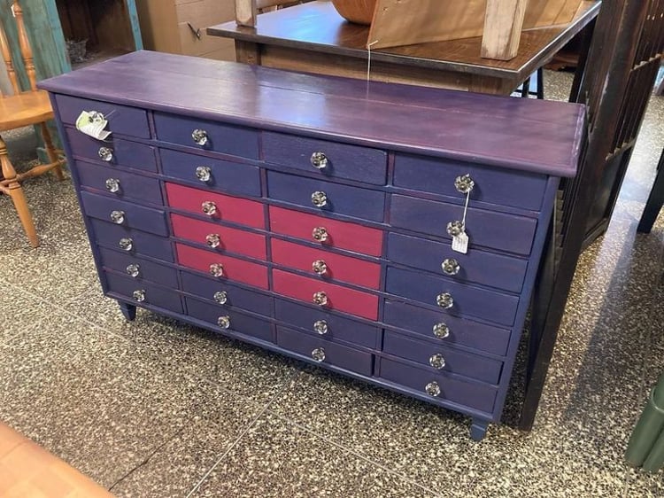 Up cycled 28 drawer cabinet. 44.5” x 14” x 28” inside drawer dimensions 9” x 11”