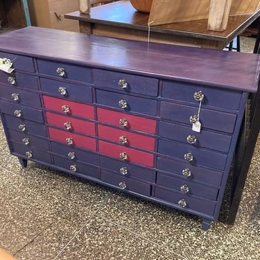 Up cycled 28 drawer cabinet. 44.5” x 14” x 28” inside drawer dimensions 9” x 11”