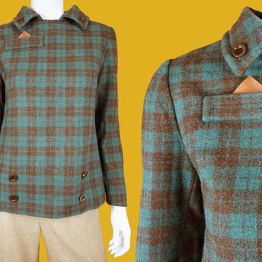 Vintage wool plaid top. 40s 60s full back zip closure. Unique mod winter wear fall fashion outer wear. Fully lined. Peter pan. (S/XS) 