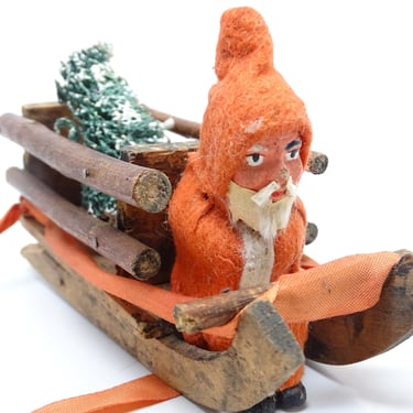 Antique 1930's German Santa on Sled with  Christmas Tree, Vintage Wooden Holiday Sleigh 