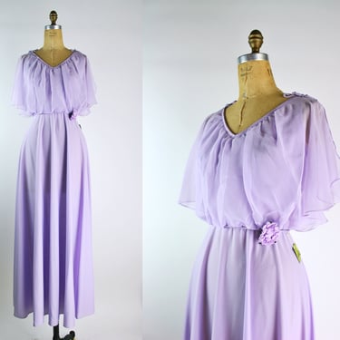 70s Lavender Bohemian Maxi Dress / Lilac Dress / Cape Dress / Bridemaids Dress / Vintage Spring Dress / Size S/M 