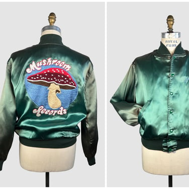 MUSHROOM RECORDS Vintage 70s Tour Jacket | 1970s Butterfly Management Co Green Satin Bomber | Psych Rock Folk Music | Size Mens Medium Large 