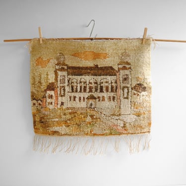 Mid Century Handwoven Wall Hanging from Poland of a Building, Mid Century Polish Wool Weaving 