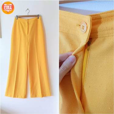 Happy Vintage 60s 70s Yellow High-Waisted Wide Leg Pants with Texture 