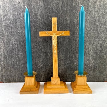 Anointing of the sick crucifix and candle holder set - wood and gold plate - 1960s vintage 
