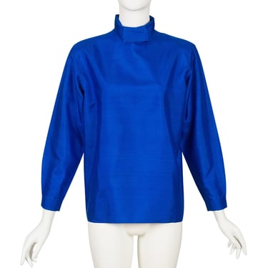 Anne-Marie Beretta 1980s Vintage Blue Raw Silk Pleated Collar Blouse Sz M 
