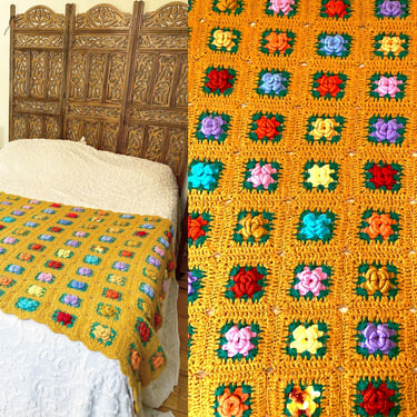 Vintage Rose Granny Square Afghan Blanket 