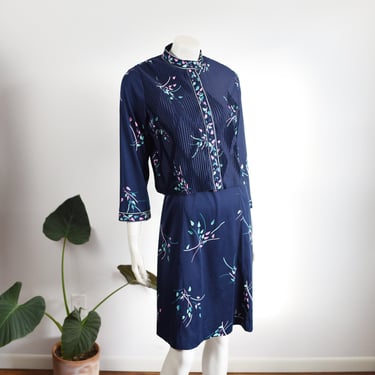 1970s Blue Floral Dress with Jacket - S 