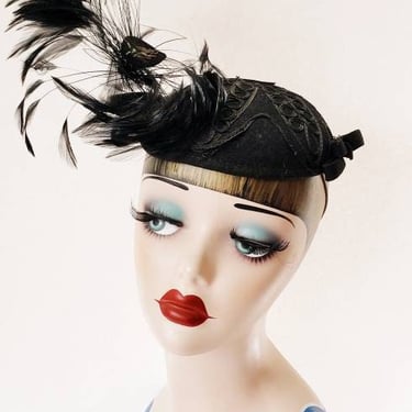 1930s Black Embroidered Cocktail Hat with Asymmetrical Black Feathers / 30s Avant Garde Modernist Evening Hat / Adalene 