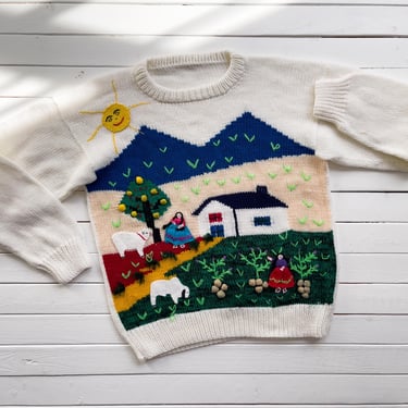 cute cottagecore sweater 80s 90s vintage Peruvian embroidered animal farm sweater 