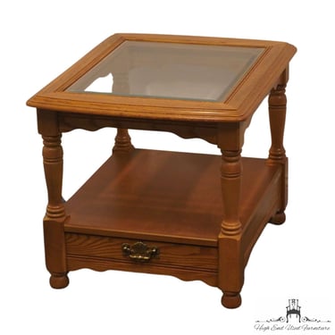 BASSETT FURNITURE Solid Oak Early American Rustic 22" Glass Topped Accent End Table 6045-0668 