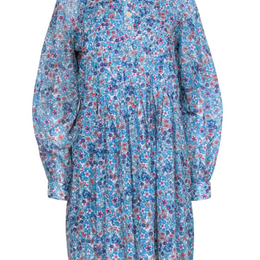 Warm - Blue Floral Print Long Sleeve Pleated Shift Dress Sz 0