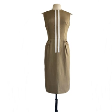 Vintage 60s Café au lait Teal Traina Sheath Dress with White Stripe Detail & Pockets 