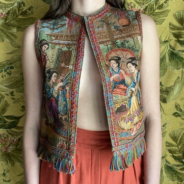 Vintage Tapestry Vest / Saks Fifth Avenue Tapestry Vest / Vintage Woven Vest / Tapestry Vest w Fringe 