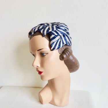 Vintage 1950's Navy Blue and White Striped Woven Straw Fascinator Mini Hat Rockabilly Swing 50's Millinery Spring Summer 