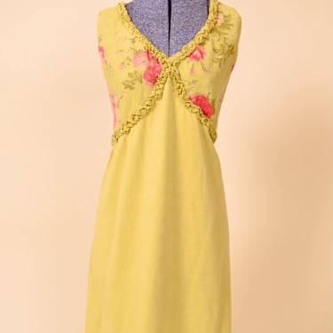 USA-made Sleeveless Chartreuse Floral Linen Midi Dress by Pictures, L