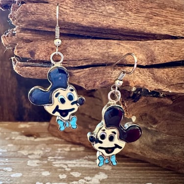 MICKEY MOUSE Zuni Toons Dangle Earrings | Sterling Silver Jet Turquoise Coral Mother of Pearl Inlay | Native American Zunitoon Earrings 