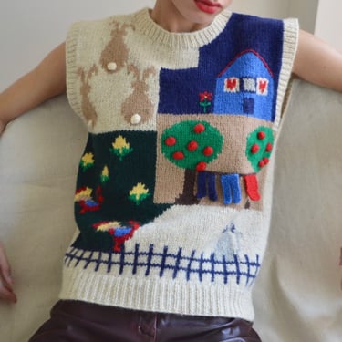 shetland wool handknit novelty scenic pullover sweatervest 