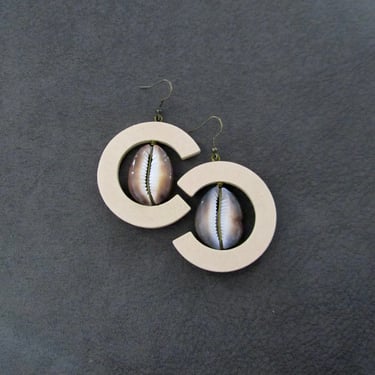 Cowrie shell earrings, large wooden earrings, cream earrings 