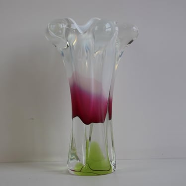 Stunning Mid-Century Czech Art Glass Vase – Red, Pink, and Lime Green 