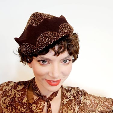 40s 50s Brown Felt Cocktail Hat Copper Beading Peaked Sides Art Deco Style 