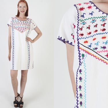 Embroidered Animals Caftan, Cotton Mexican Cover Up, White Beachwear Sundress 