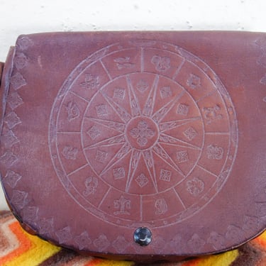 Vintage 70s leather zodiac wheel purse, astrology lover hippie bohemian style handtooled boho bag with adjustable strap shoulder or handbag 