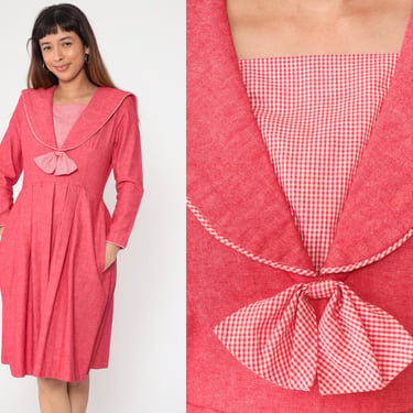 70s Sailor Collar Dress Pink Nautical Midi Dress Checkered Bow Long Sleeve Dress High Waisted Pleated  Vintage 1970s Knee Length Small 