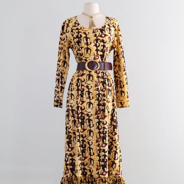 Striking 1970's Saffron Bird Print Batik Cotton Maxi Dress / ML