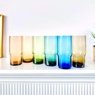 Vintage Stackable Glasses Set of 6, Colorful Ombre Tall Tumblers, 5.25