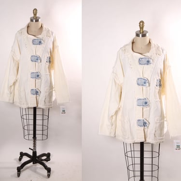 1980s White and Blue Denim Button Down Long Sleeve Frayed Detail Jacket 