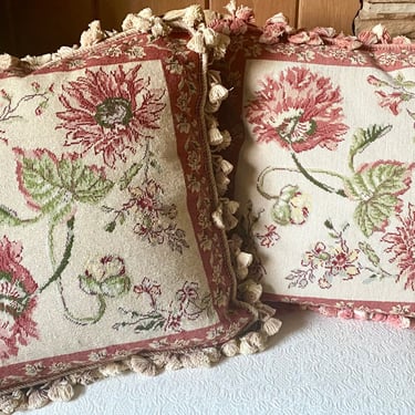2 Custom Katha Diddel Needlepoint Wool Throw Pillows Vintage chrysanthemums ~ Floral, pinks, cream, Tapestry, Tassel Cording~ French Country 