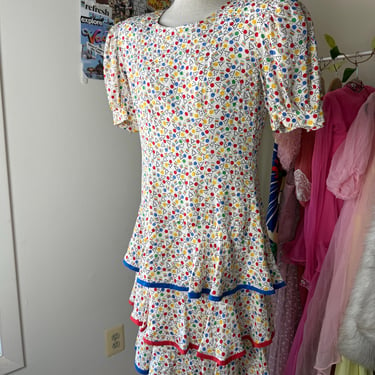 Vintage 80s Silk Polka Dot Ruffle Hem Dress Puff Sleeves 