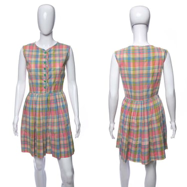 1950's Nancy Wayne Pastel Plaid Cotton Knee-Length Dress Size M