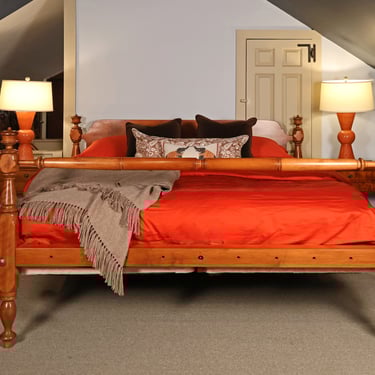 Tulip & Block Bed in Maple, Original Posts ~ Circa 1830, Resized to King with Queen Anne Style Headboard</p#x3E; SKU: NK050325<p#x3E; </p#x3E;<p#x3E;  & Turned Blanket Rail