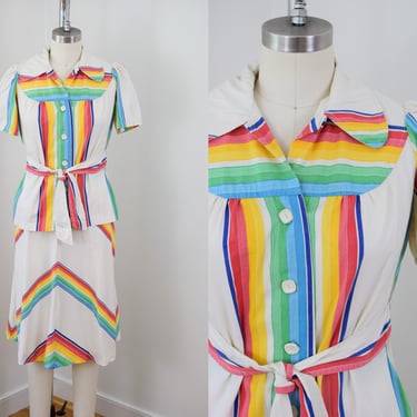 Vintage 1970s Rainbow Stripe Dress Set | P XS 