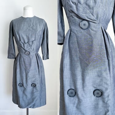 Vintage 1960s Steel Gray Wiggle Dress with jumbo buttons / XS 