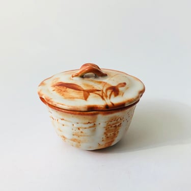 Lidded Pottery Bowl with Orange and White Glaze 