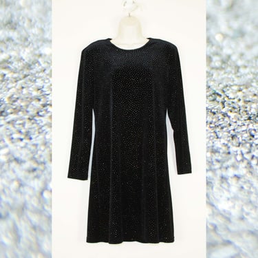Vintage 1990s Black Velvet With Glitter Dress, Size Extra Large 